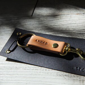 Personalised leather keychain with clip, hand stamped with your name. A unique little custom gift. Great Fathers Day gift. image 5