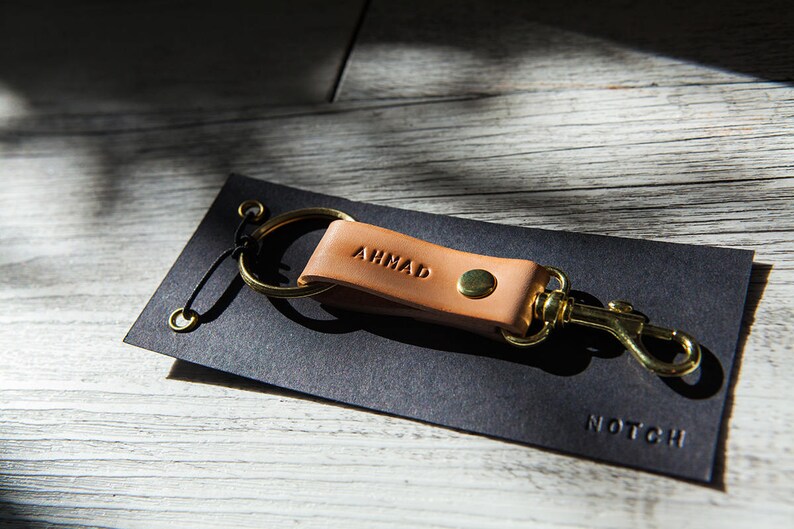 Personalised leather keychain with clip, hand stamped with your name. A unique little custom gift. Great Fathers Day gift. image 5