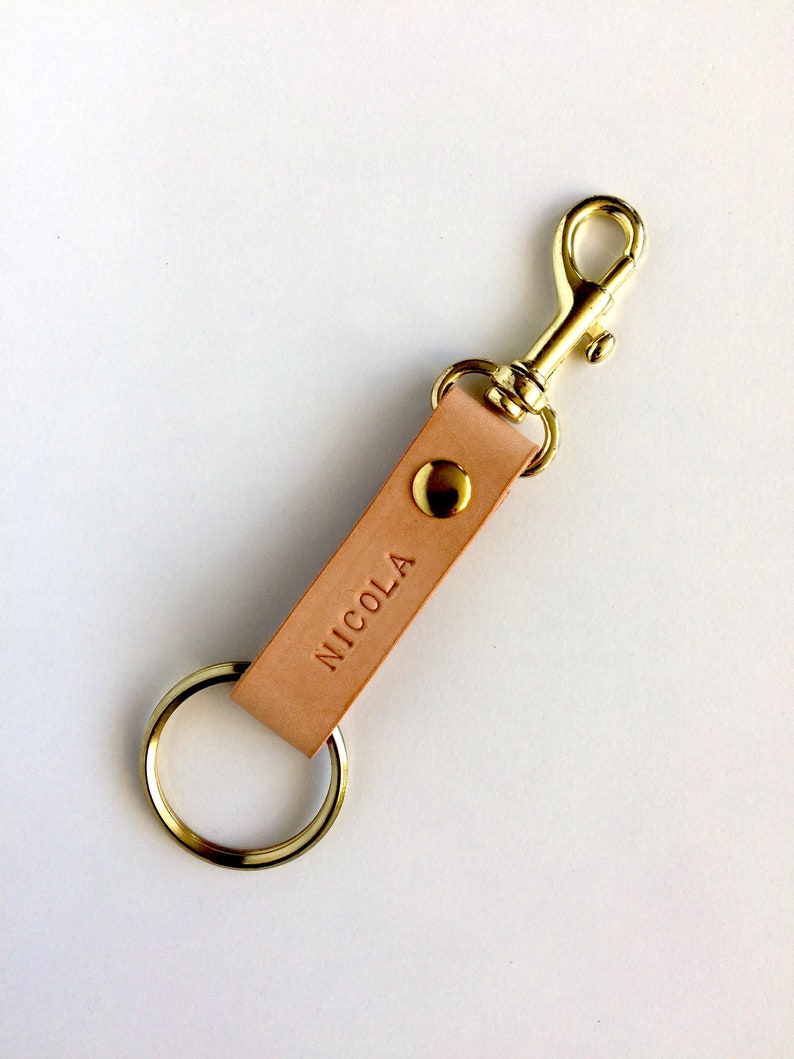 Personalised leather keychain with clip, hand stamped with your name. A unique little custom gift. Great Fathers Day gift. image 1