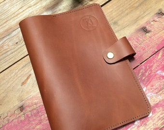 Leather journal cover, A5 brown leather, hand made and personalised with name or initials.