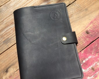 Leather journal cover, A5 black leather, hand made and personalised with name or initials.