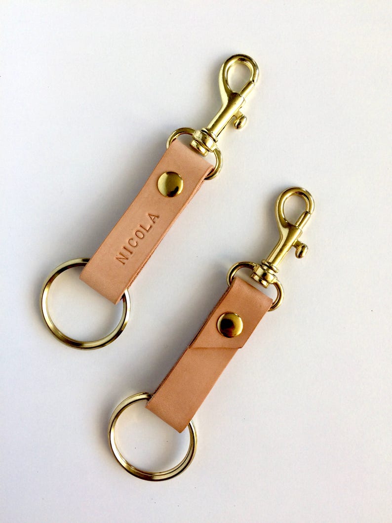 Personalised leather keychain with clip, hand stamped with your name. A unique little custom gift. Great Fathers Day gift. image 2