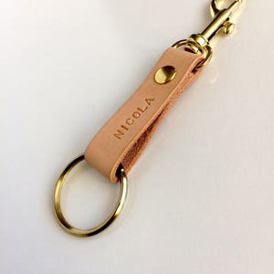 Personalised leather keychain with clip, hand stamped with your name. A unique little custom gift. Great Fathers Day gift. image 4