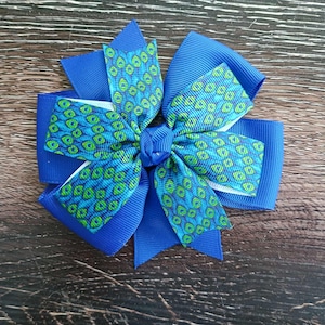 Blue Peacock Feather Hair Bow
