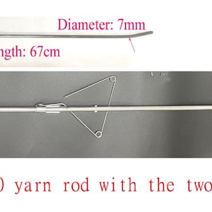 May include: A silver yarn rod with two yarn guides. The rod is 67 inches long and has a diameter of 5mm and 7mm. The text "For SK840 SK860 yarn rod with the two yarn guide." is printed below the rod.