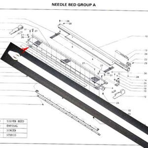 May include: A black and white diagram of a sewing machine needle bed group A, with parts labeled with numbers. The diagram shows the different parts of the needle bed, including the needle bar, the needle plate, and the feed dog.