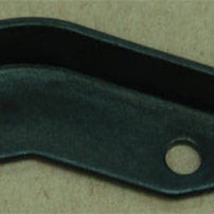 May include: Black metal bracket with two holes. The bracket is curved and has a pointed end.