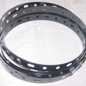 May include: A black, multi-layered, flexible, circular strip with evenly spaced holes around the perimeter.