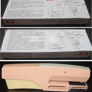 May include: A pink and white plastic card punch with a built-in safety lock. The punch has a clear plastic reservoir for storing punched out pieces of paper. The packaging shows instructions for using the punch in English and French.