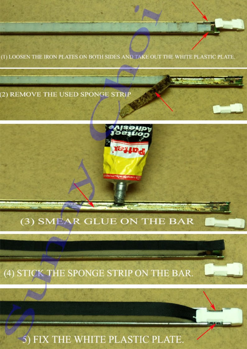Op de afbeelding: Een stapsgewijze handleiding voor het vervangen van een sponsstrip op een metalen balk. De handleiding laat zien hoe je de ijzeren platen losmaakt, de oude sponsstrip verwijdert, lijm op de balk aanbrengt, de nieuwe sponsstrip bevestigt en de witte kunststof plaat vastzet.