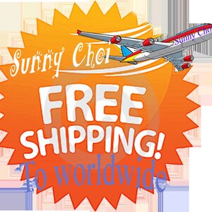 Op de afbeelding: Oranje ster met de tekst "Sunny Choi" in wit cursief schrift. De tekst "FREE SHIPPING!" in wit en "To Worldwide" in blauw. Een cartoon vliegtuig met de tekst "Sunny Choi" in blauw vliegt boven de ster.