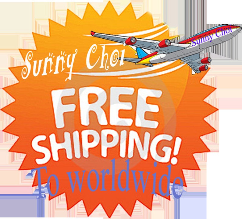 Op de afbeelding: Oranje ster met de tekst "Sunny Choi" in wit cursief schrift. De tekst "FREE SHIPPING!" in wit en "To Worldwide" in blauw. Een cartoon vliegtuig met de tekst "Sunny Choi" in blauw vliegt boven de ster.