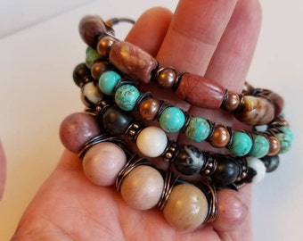 Stacked Gemstone Bracelets, Colorful Copper Beaded Bangles, Copper Bracelets with Natural Stones, Natural Stacked Bracelets, Boho Bangles