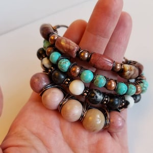 Stacked Gemstone Bracelets, Colorful Copper Beaded Bangles, Copper Bracelets with Natural Stones, Natural Stacked Bracelets, Boho Bangles