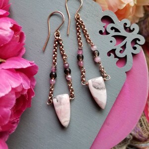 Rhodochrosite Earrings, Smokey Quartz, Ruby Jewelry, Pink Gemstone, Chandelier Earrings, Copper Chain, Dangle Earrings, Gemstone Jewelry
