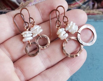 Pearl and copper earrings