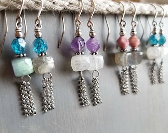 Sterling Silver Dangle Earrings,Moonstone, Labradorite,Fringe Earrings,Chain Dangles, Amethyst, Rhodonite, Blue Quartz, Purple