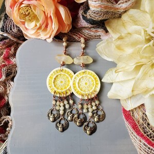 Yellow polymer clay medallions with aura quartz, citrine druzy, and brass scarab beetles