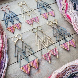 Raw brass, patinated brass, or patinated copper beaded triangle earrings