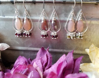 Moonstone Earrings, Peach Moonstone, Chocolate Moonstone, Garnet, Green Garnet, Grossular Garent, Teardrop, Hoop Earrings, Sterling Silver