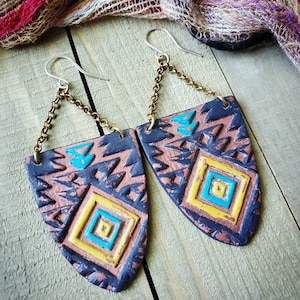 Southwestern style handpainted polymer clay earrings with vintage brass chain