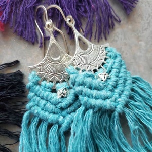 Blue macrame earrings on silver fan components with sterling silver beads