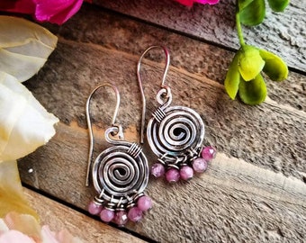 Spiral Earrings, Gemstone Spiral Jewelry, Dangle Earrings, Birthstone Jewelry, Gifts for Her, Birthday Jewelry, Gemstone Dangles
