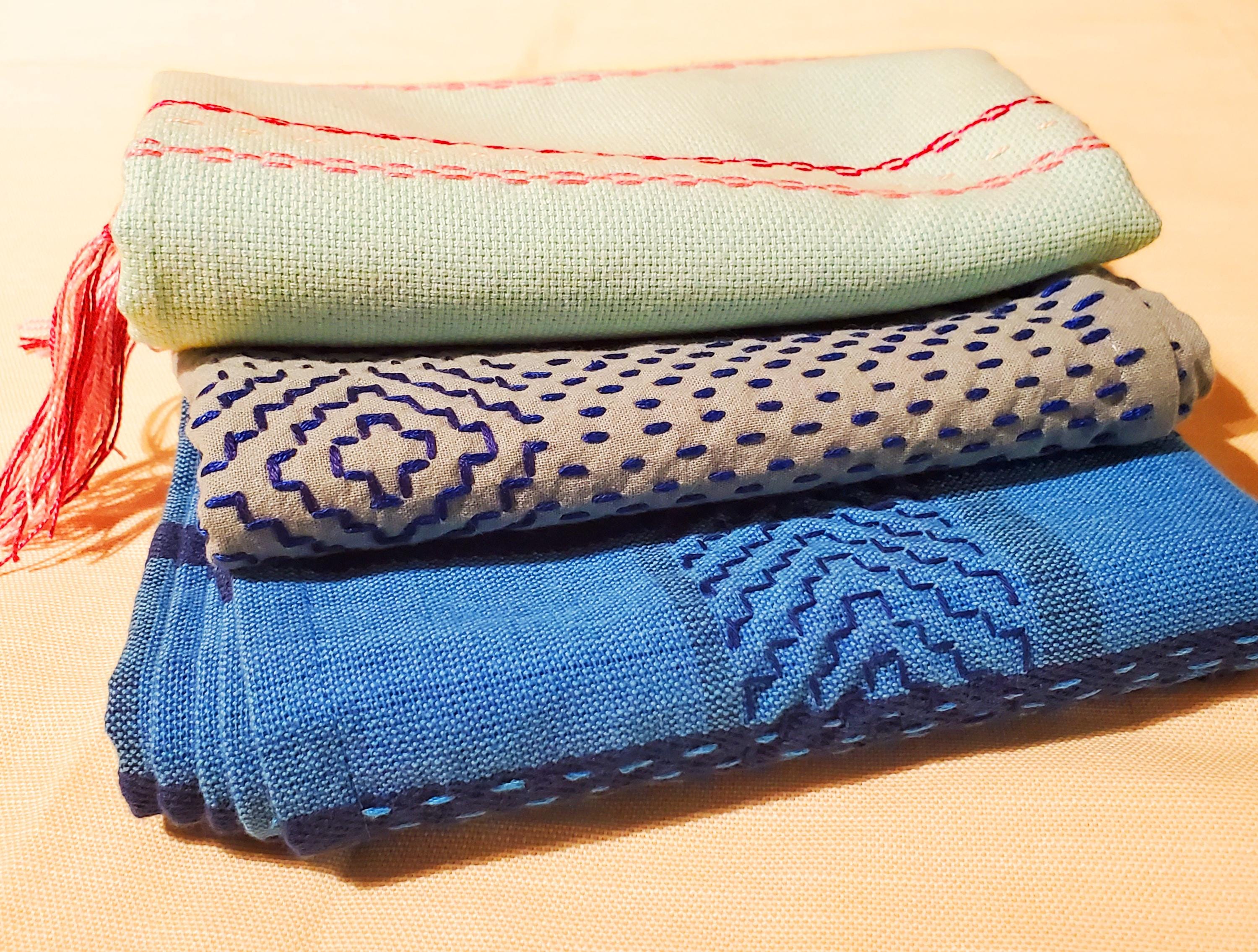 Japanese Sashiko Embroidered Cotton Dish Towel - Minimalist Stitched Textile Tea-Towel