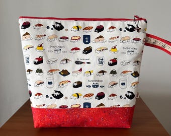 Bolsa grande com zíper, bolsa para projeto de tricô e crochê, gato japonês, 11,5" x 7,5" x 9,5" x 3,5"