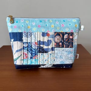 Small patchwork zipper pouch cotton crochet notions  quilted cosmetics   8.5” x 6.5” x 6” x 2”  *Scrappy blue*