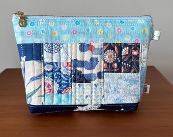 Small patchwork zipper pouch cotton crochet notions  quilted cosmetics   8.5” x 6.5” x 6” x 2”  *Scrappy blue*