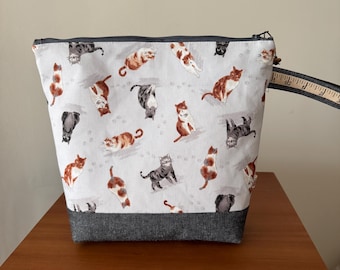Bolsa grande com zíper para projetos de tricô e crochê, com estampa de gato, estilo japonês, 29 cm x 19 cm x 24 cm x 9 cm
