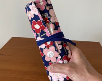 Hand made 8 slots pen roll pen holder for fountain pens, pencils, markers, crayons. Cotton Japanese 7.25” x 11” *Sakura in bloom*