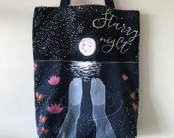 Handmade large tote bag, carry all shoulder bag for knitting project cotton canvas  15" x 11.25" x 3" *Starry Night*