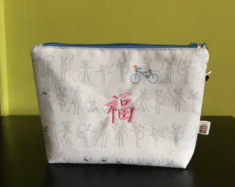 Handmade small zipper purse zippered pouch cotton crochet notions  cosmetics   Embroidery 8.5” x 6.5” x 6” x 2”  *Year Of the Rat*