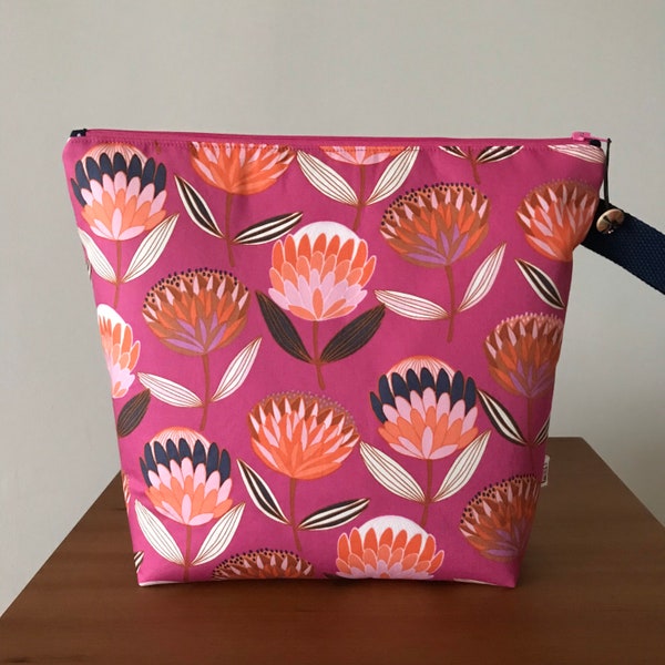 Large zipper pouch  zipper purse knitting project bag  crochet project bag hedgehogs animals  11.5" x 8" x 9.5" x 3.5"  *Pink Protea*