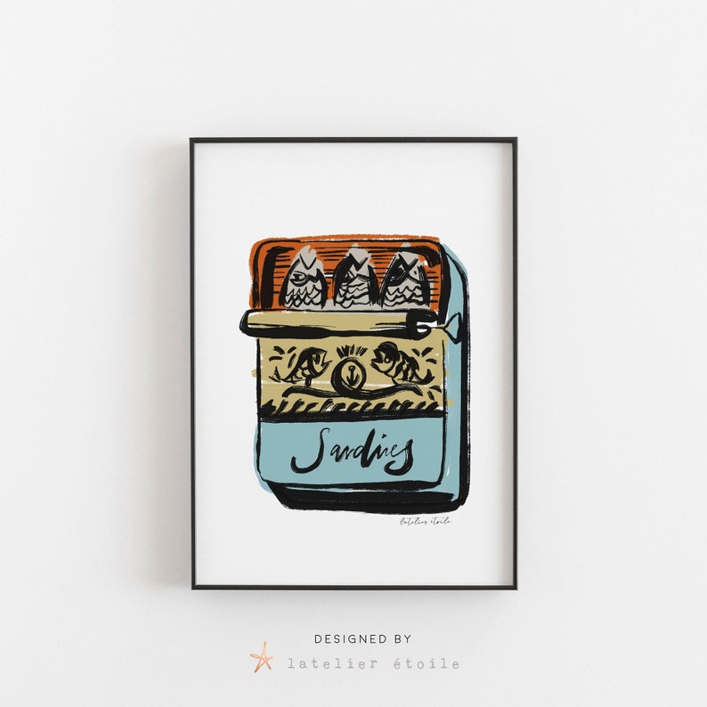 May include: A vintage-style illustration of a can of sardines. The can is blue with a yellow and orange label. The label has a stylized image of fish and the word "Sardines".