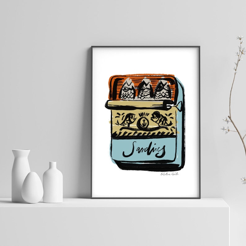 May include: A stylized illustration of a can of sardines. The can is blue with a yellow lid and features a black and white illustration of sardines on the front. The text "Sardines" is written in black cursive on the front of the can.