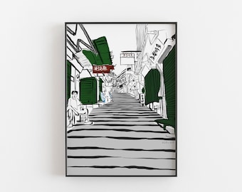 Pottinger Street Hong Kong, Stone Street, Hong Kong Art, Hong Kong Illustration, Illustration de la ville, Lang Kwai Fong Print, Central Hong Kong