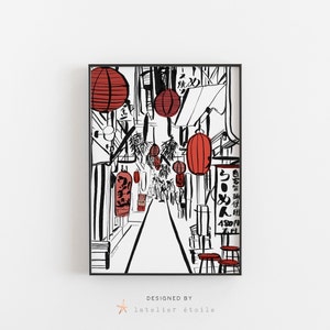 Tokyo print, Tokyo streets, cities illustration, Tokyo Street Art, Tokyo alleyway, cities art, cities illustration, street art, Japan print
