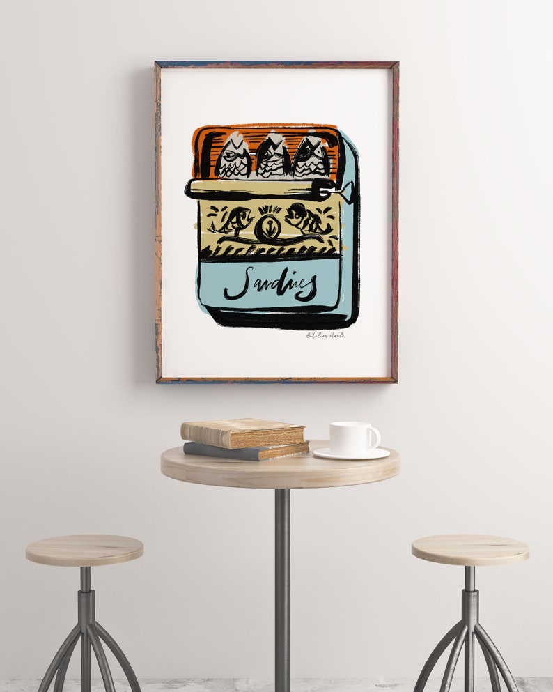 May include: A vintage-style illustration of a can of sardines with the word "Sardines" written in cursive on the front. The can is blue with a yellow and orange lid and features a black and white illustration of fish on the front.
