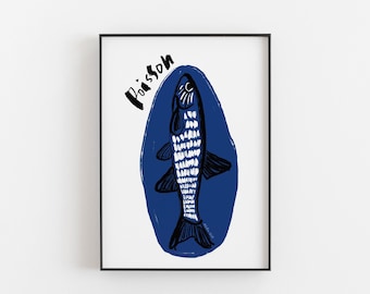 Fish Print, Fish Poster, Food Illustration, Seafood Print, Poisson Art, Charcoal Ink Drawing, Food Doodles, Fish Art, Pop Art, Poisson Print