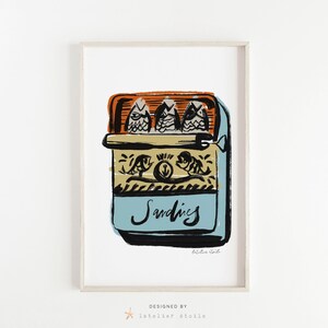 May include: A stylized illustration of a can of sardines. The can is blue with a yellow and orange label. The label has a black and white illustration of fish and an anchor. The text "Sardines" is written in black cursive on the can.
