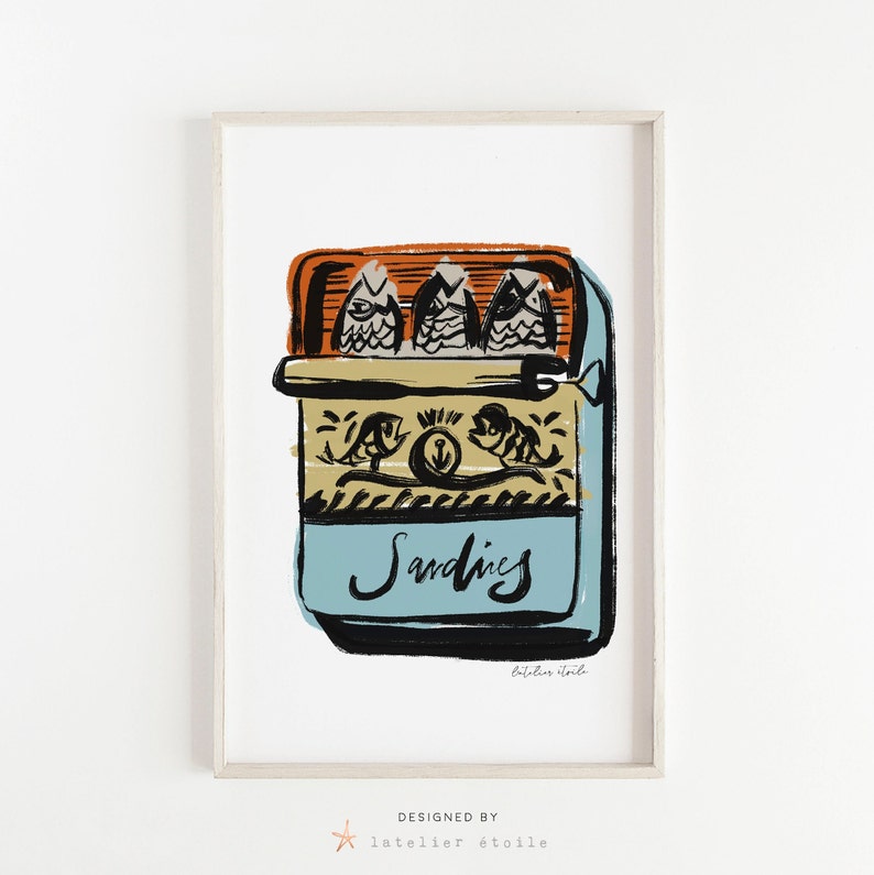 May include: A stylized illustration of a can of sardines. The can is blue with a yellow and orange label. The label has a black and white illustration of fish and an anchor. The text "Sardines" is written in black cursive on the can.