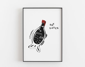 Soy Sauce Fish Bottle, Soy Sauce, Japanese Soy Sauce, Vintage Soy Sauce, Sushi Sketch, Asian Food Print, Soy Sauce Sketch, Sushi Art Print