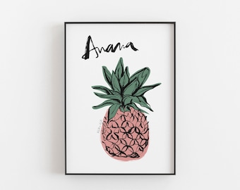 Pineapple Print, Pineapple Poster, Food Illustration, Pineapple art, fruit print, Food Doodles, Pop Art, whimsical art, Pineapple, Anana