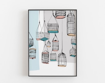 Illustrations de cage à oiseaux, Illustration de Hong Kong, Art de Hong Kong, illustration de villes, art abstrait, vintage Hong Kong, Hong Kong nostalgique