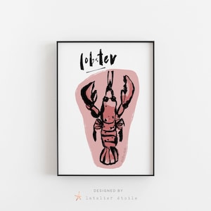 Lobster Print, Lobster Poster, Food Illustration, Seafood Print, Lobster Art, Charcoal Ink Drawing, Food Doodles, Lobster Art, Pop Art