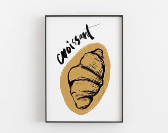 Croissant Print, Croissant Poster, Food Illustration, french pastry, pastry Art, patisserie art, Food Doodles, Pop Art, coffee shop decor