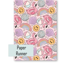 May include: A pink and white patterned paper runner with a repeating design of flamingos, seashells, beach balls, disco balls, rainbows, and smiley faces.